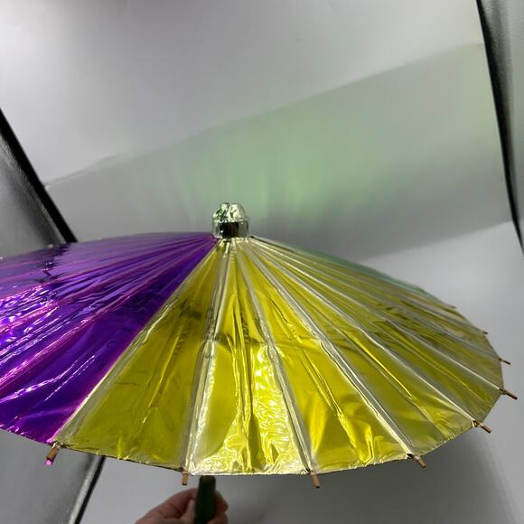 Vintage Shiny Metallic Asian Umbrella Decorative Purple Gold Green Geisha - Picture 5 of 9